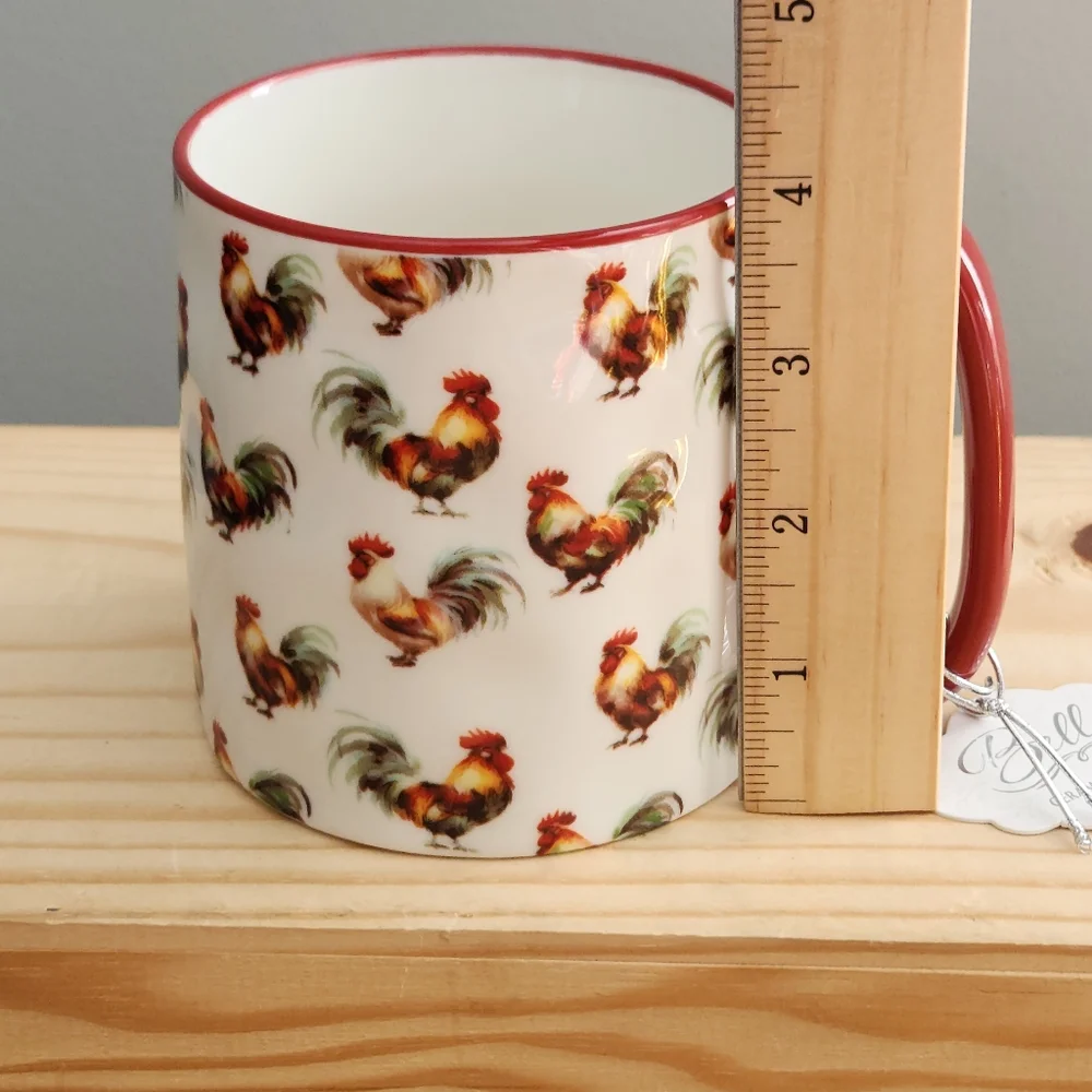 Rooster Patterned Ceramic Mug with Red Handle NWT Cottagecore, Farm, Homestead - Picture 14 of 15